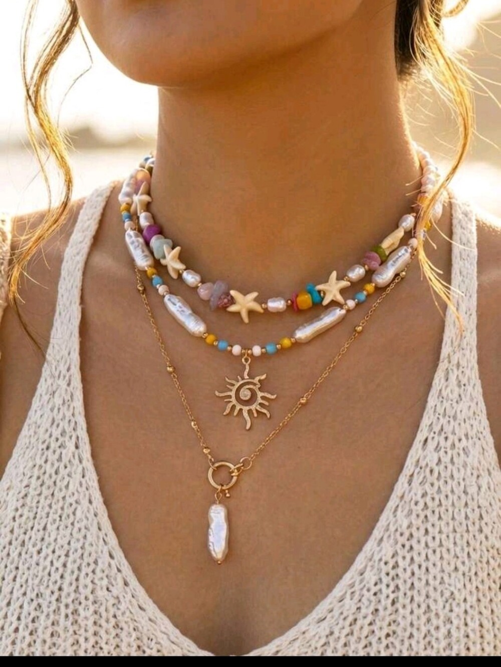 BRAND NEW ** Layered Beach Pearl & Sun Charm Necklace Set